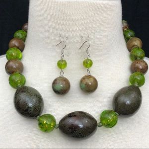 Green Tones Ceramic Glass Bead Handmade Chunky Necklace Earrings Set